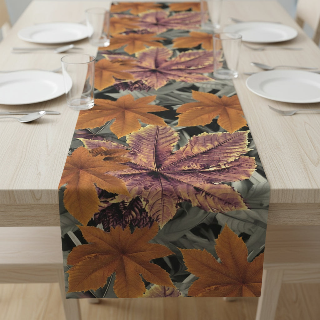 Roll of fabric with autumn leaf pattern on a white background