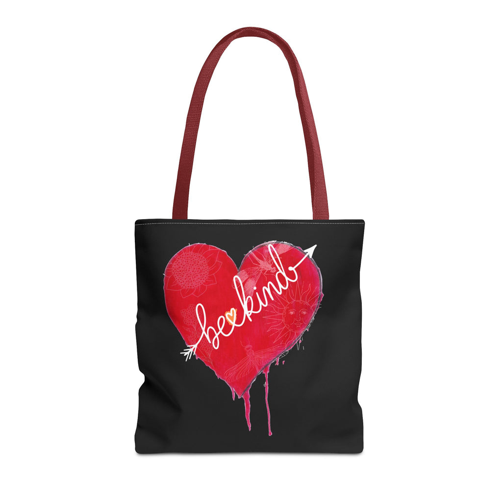 Black tote bag with a red heart and white text on a white background