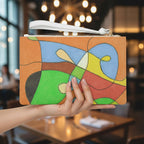 Colorful abstract design clutch bag on a restaurant background