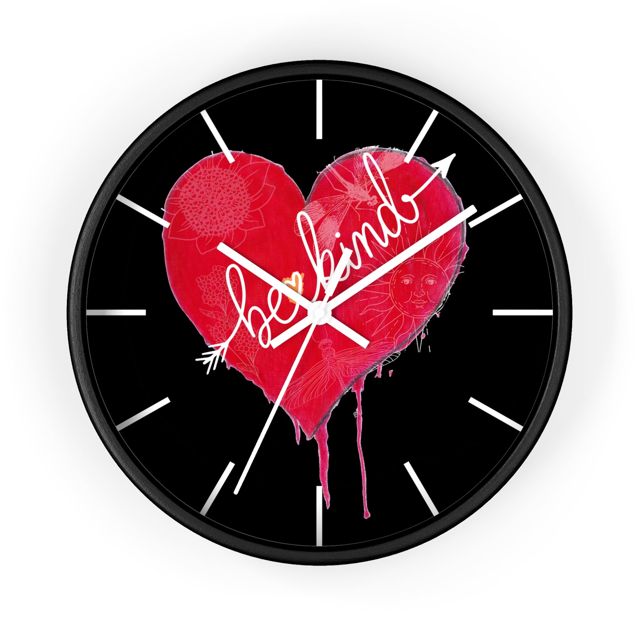 Wall clock with a red heart and 'be kind' text on a black background