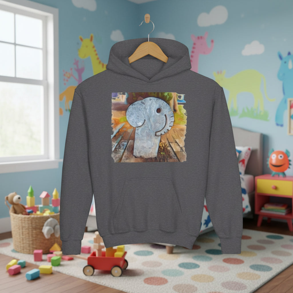 Hanging gray hoodie with a unique elephant design on the chest against a kids room