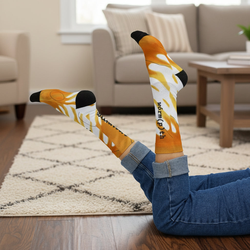 Yellow Orange and white patterned socks with black accents worn by a person on a white background