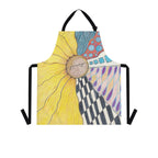 A kitchen apron with a colorful abstract sunflower and geometric pattern print, featuring black neck and waist straps, shown against a plain white background.