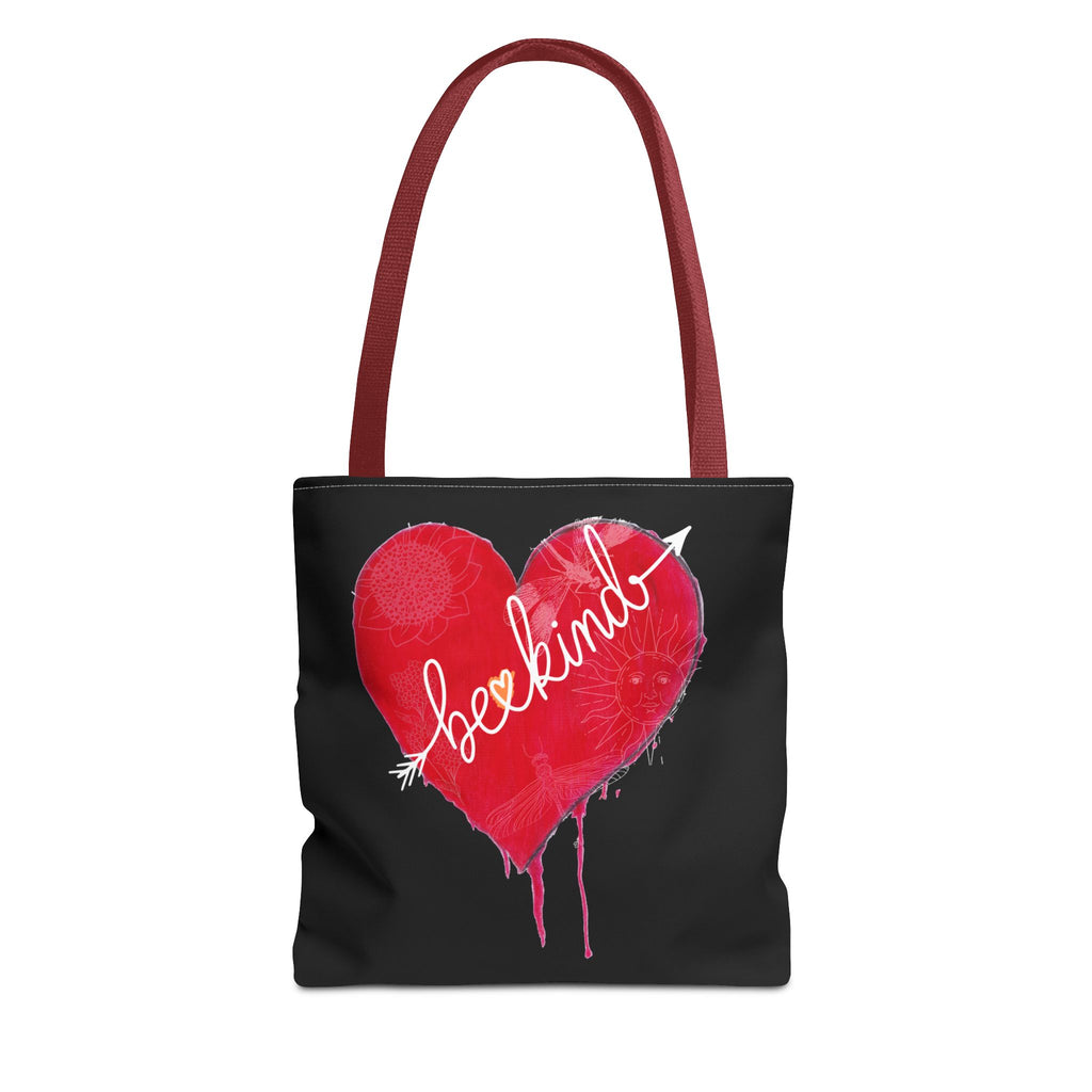 Black tote bag with a red heart and white text on a white background