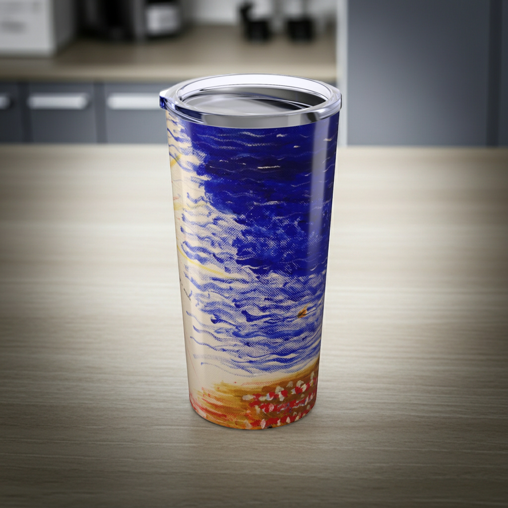 Tumbler with artistic design on a wooden surface
