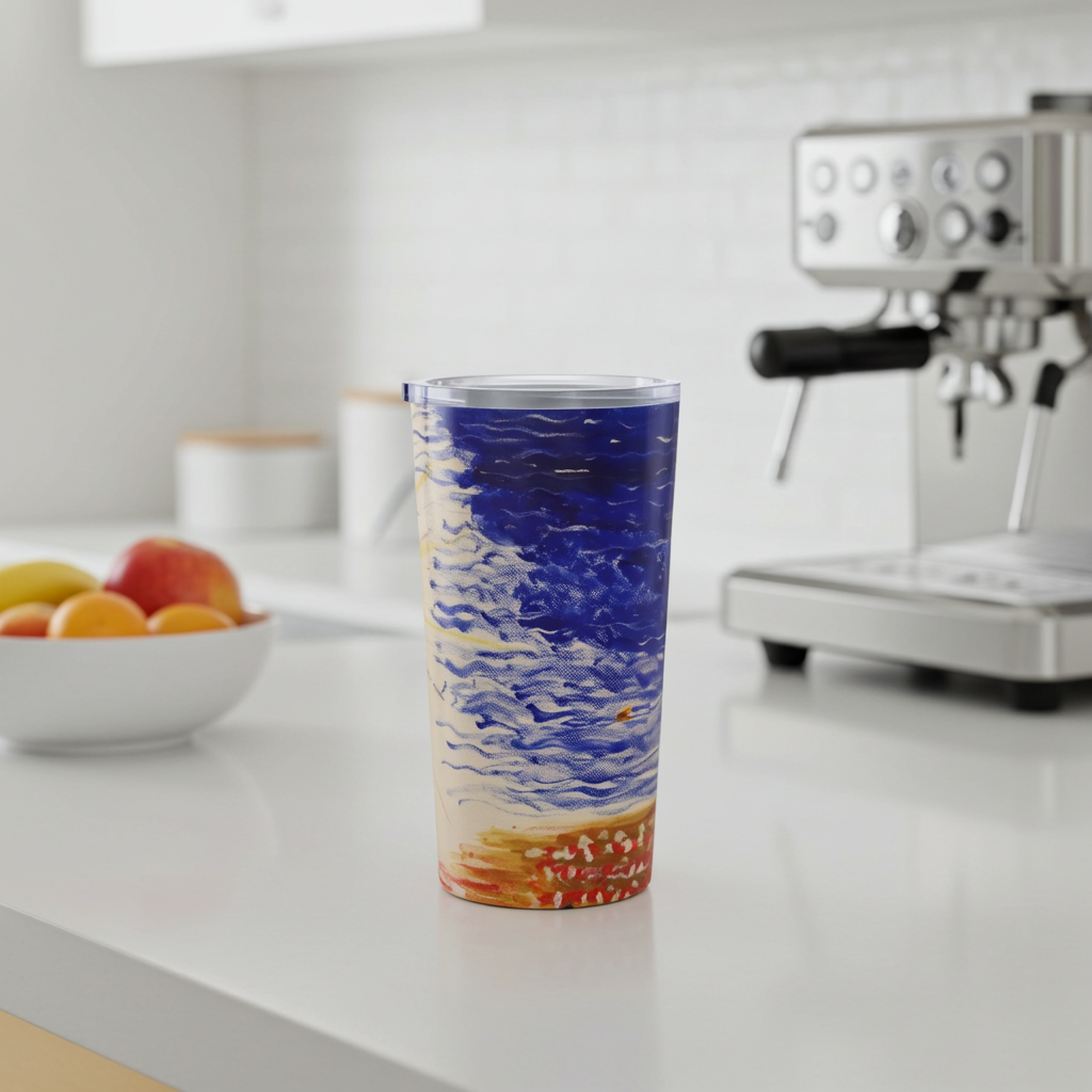 Colorful glass tumbler on a kitchen counter with an espresso machine and fruit bowl in the background.