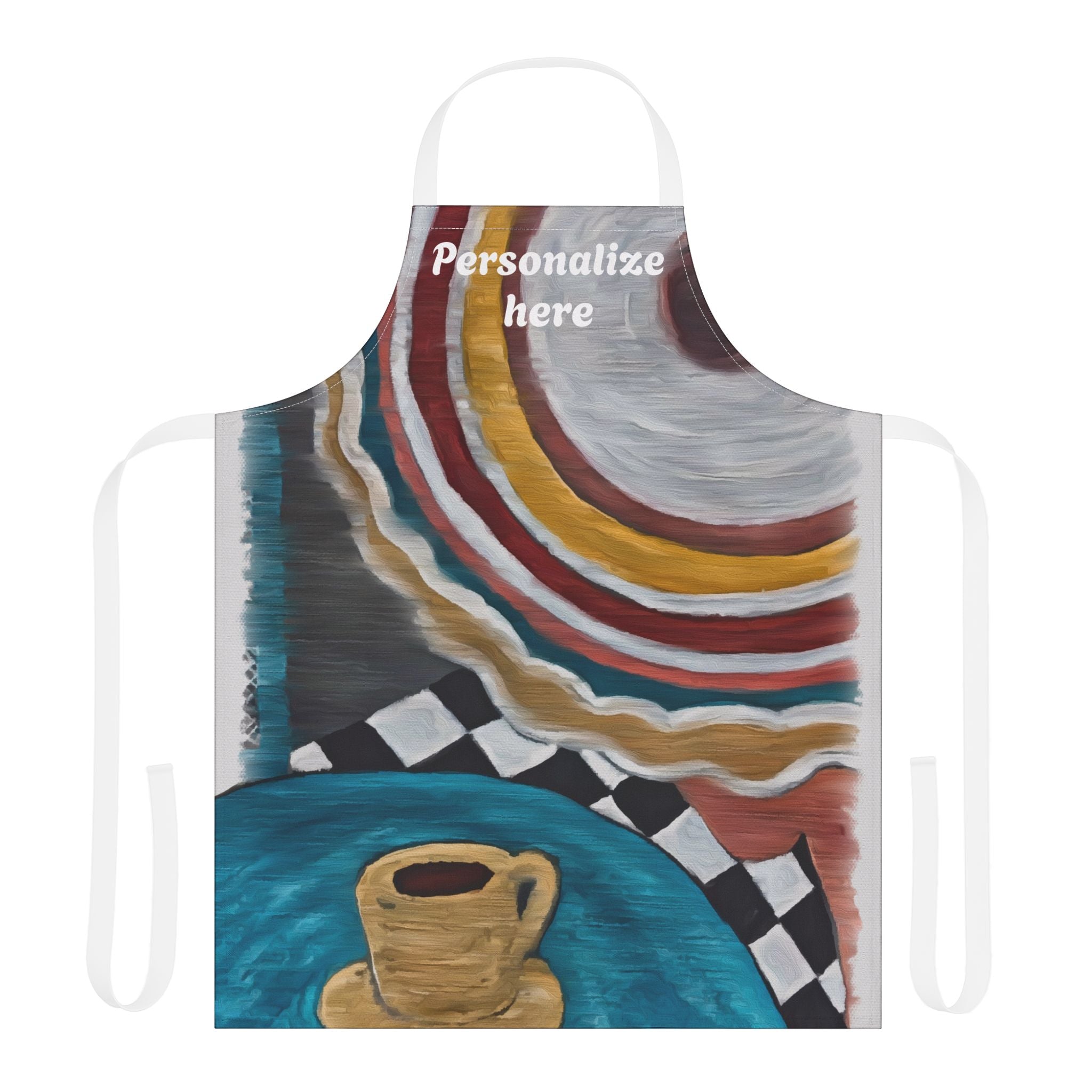 Colorful apron with a coffee cup design on a white background