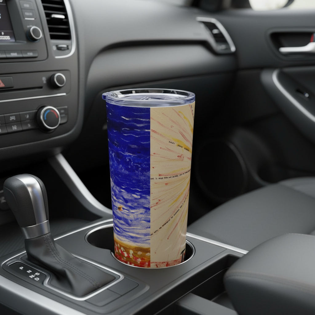 Tumbler with a colorful design inside a car in a cup holder.