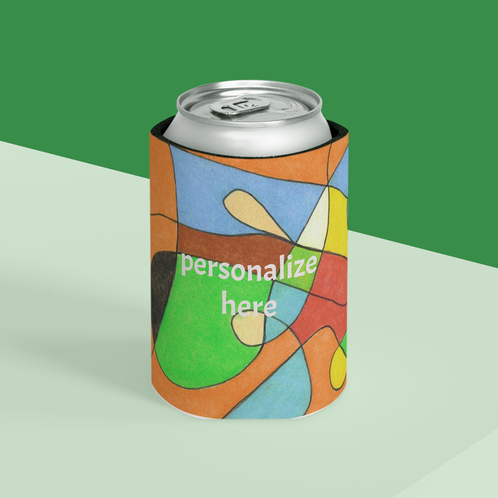 Colorful can cooler with abstract design and 'personalize here' text on a green and white background