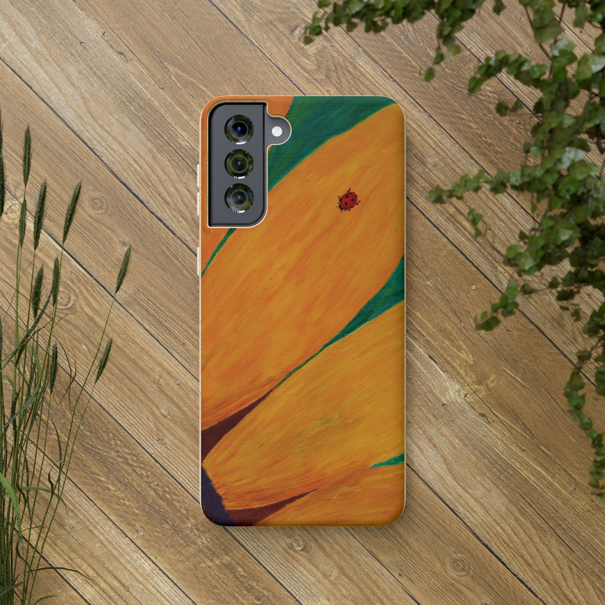 Phone Case, Ladybug on Sunflower Painting| Biodegradable