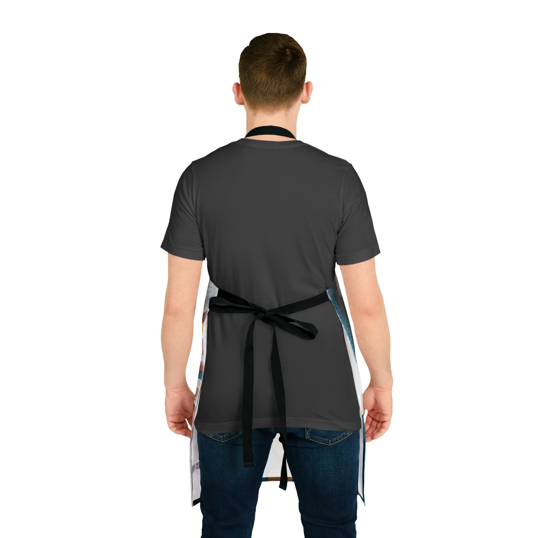 Person wearing a black apron on a white background