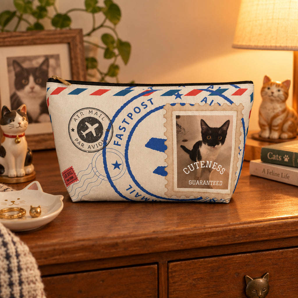 A zippered cosmetic pouch featuring a vintage airmail stamp design in blue, red, and beige on a cream background, with a central stamp graphic that reads 'Cuteness Guaranteed' and shows a black-and-white cat photo.