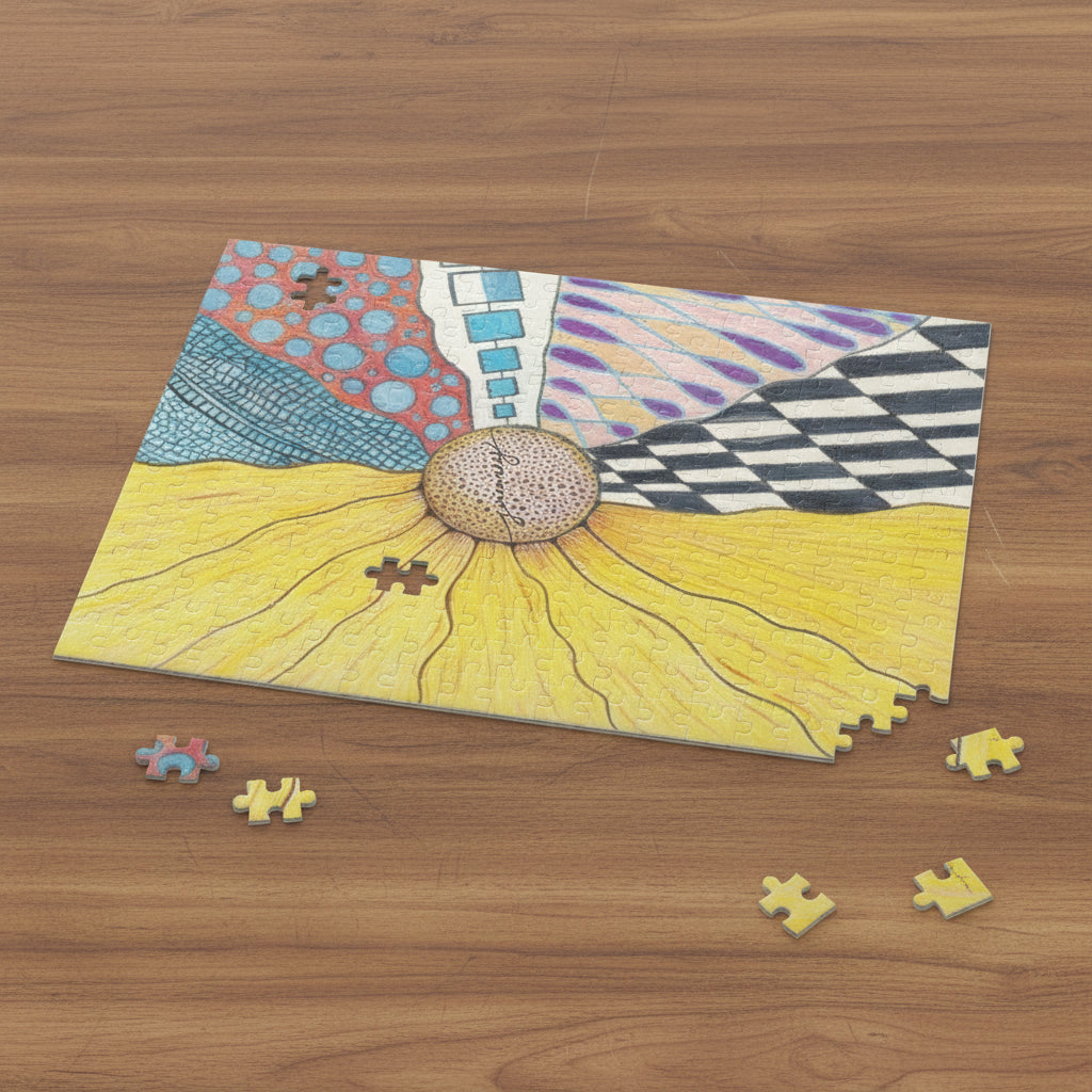 Colorful zentagle inspired puzzle with missing pieces on a table