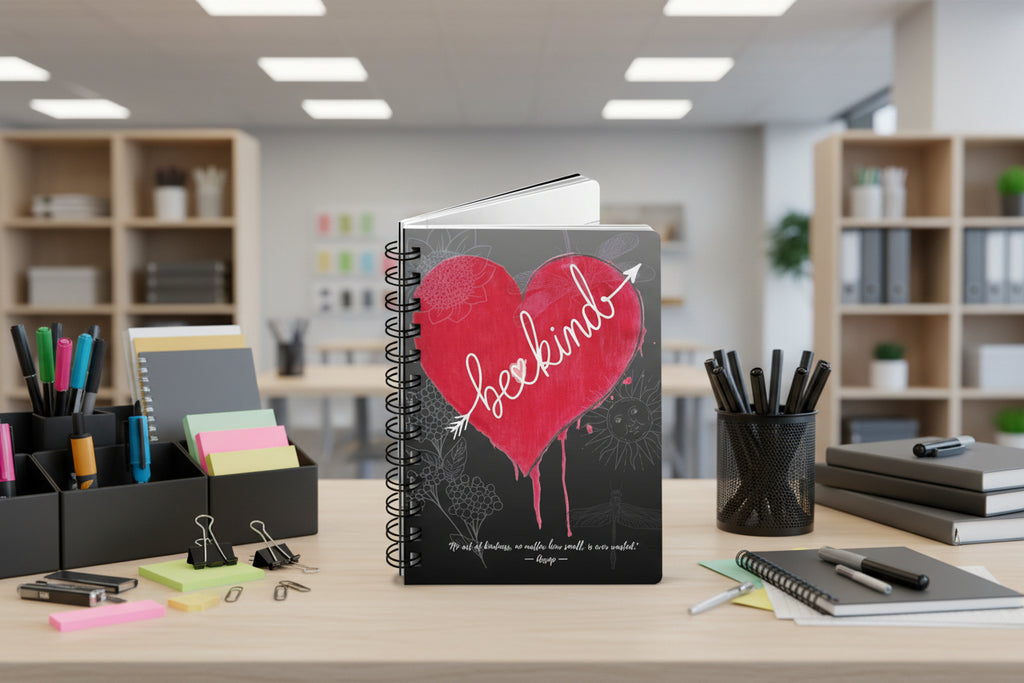 Spiral bound notebook with a bleeding red heart design with be kind text on an office supply area background