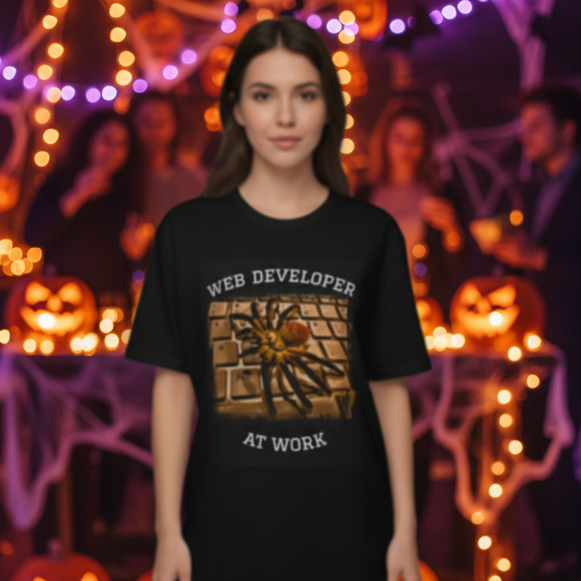 A young woman stands in a Halloween-themed room wearing a black graphic t-shirt that reads 'WEB DEVELOPER AT WORK' with a spider and brick-pattern graphic, paired with blue jeans.