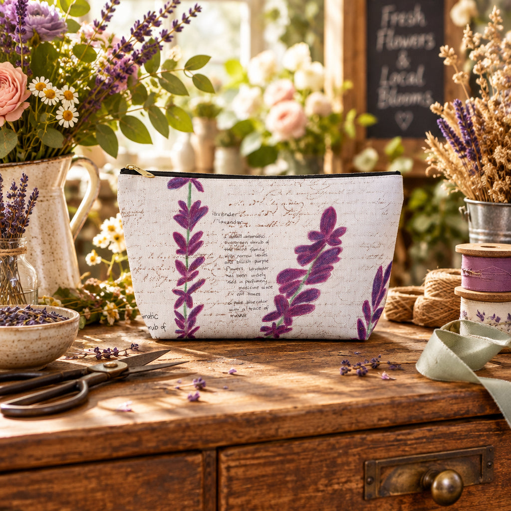A white cosmetic pouch featuring a printed design of purple lavender stems over a vintage-style cursive script background, with a gold zipper pull.