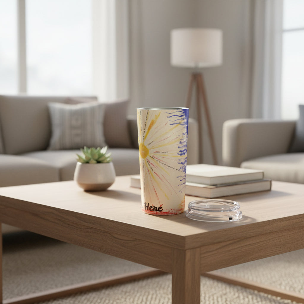 Tumbler with colorful design and 'Here' text on a coffee table