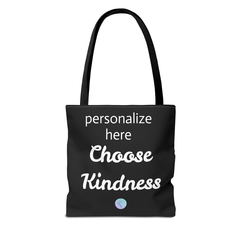 Black tote bag with 'Choose Kindness' text on a white background