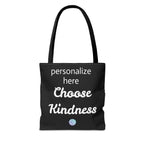 Black tote bag with 'Choose Kindness' text on a white background