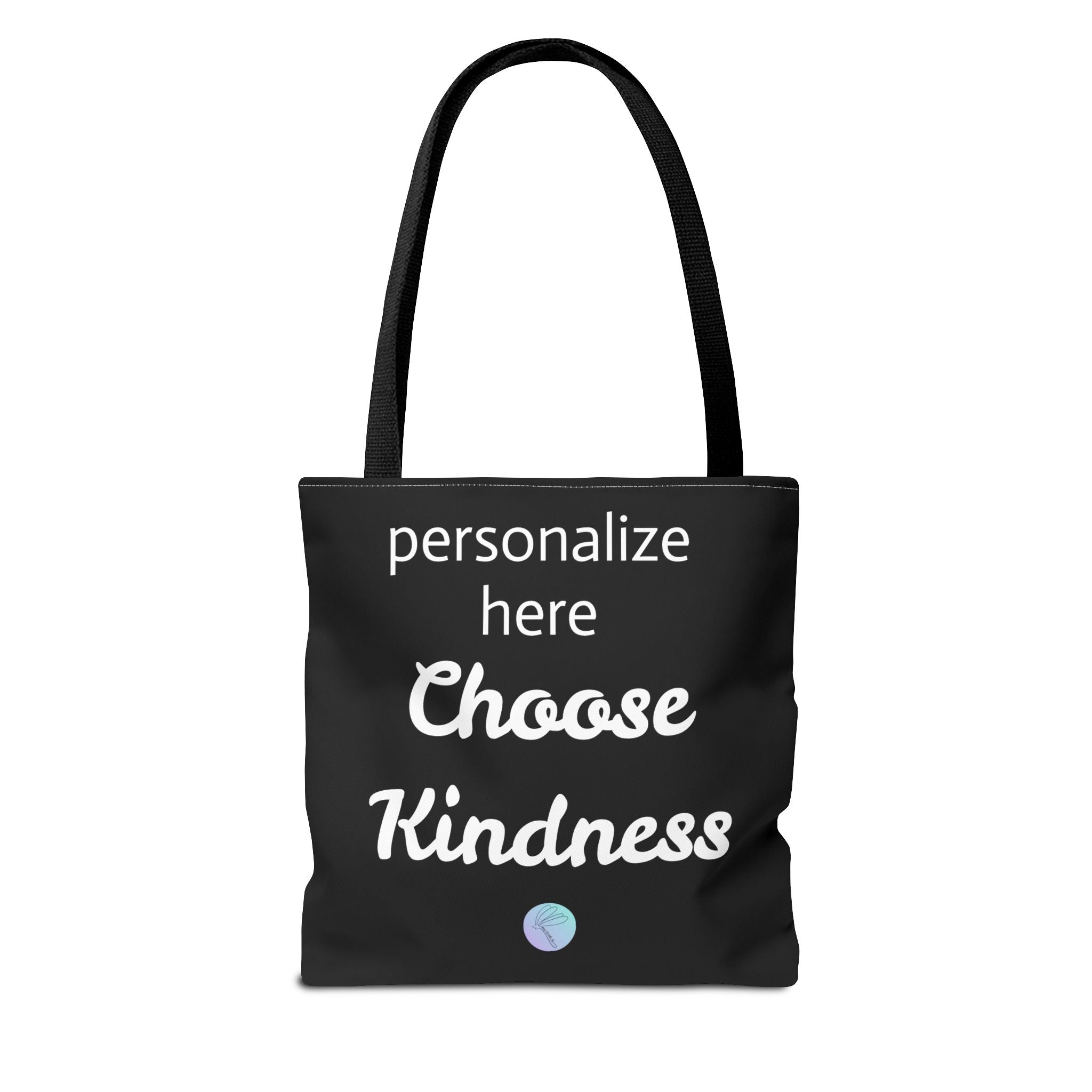 Black tote bag with 'Choose Kindness' text on a white background