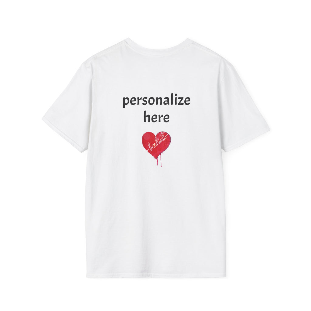 White t-shirt with a red heart and text 'personalize here' on a white background