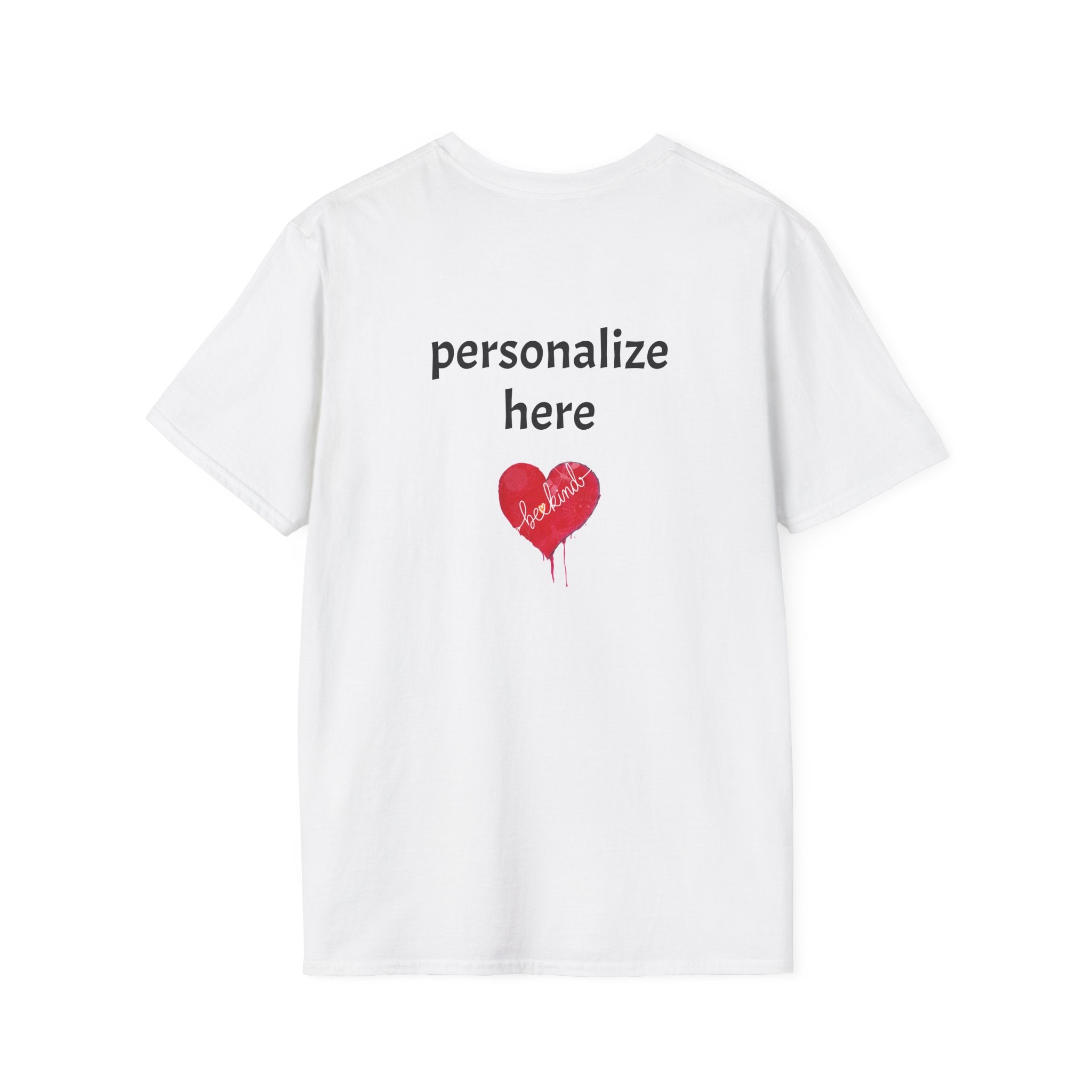 White t-shirt with a red heart and text 'personalize here' on a white background