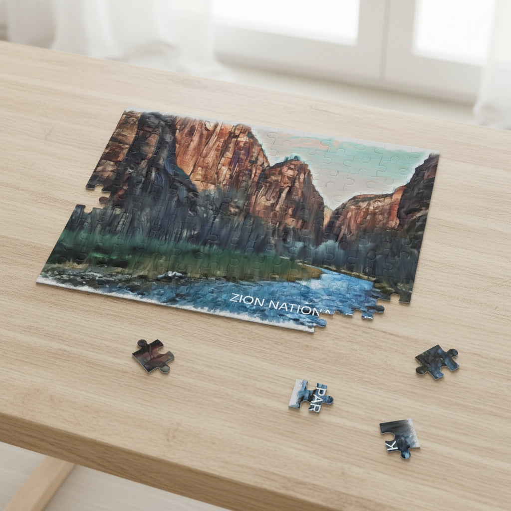 Jigsaw puzzle with a scenic design of Zion National Park on a light table