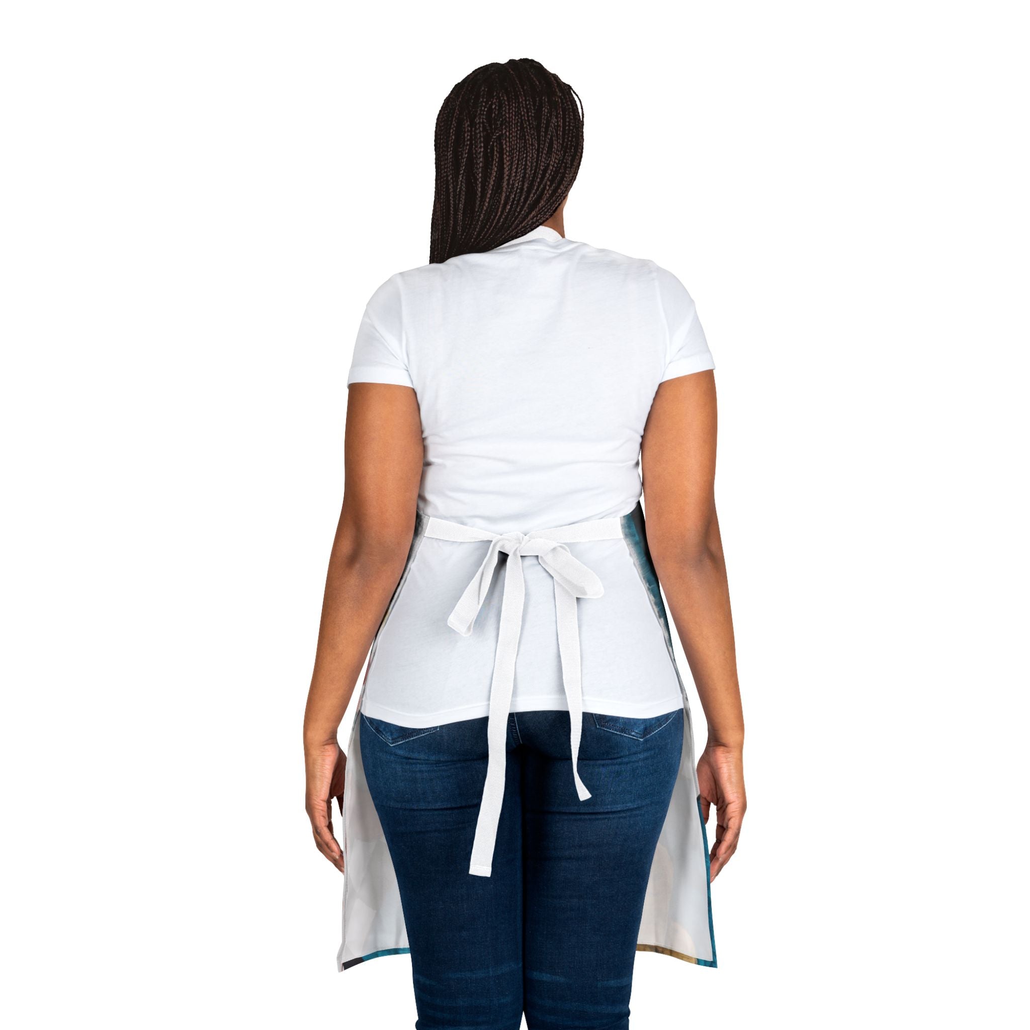 Person wearing a white apron over a white shirt and blue jeans on a white background