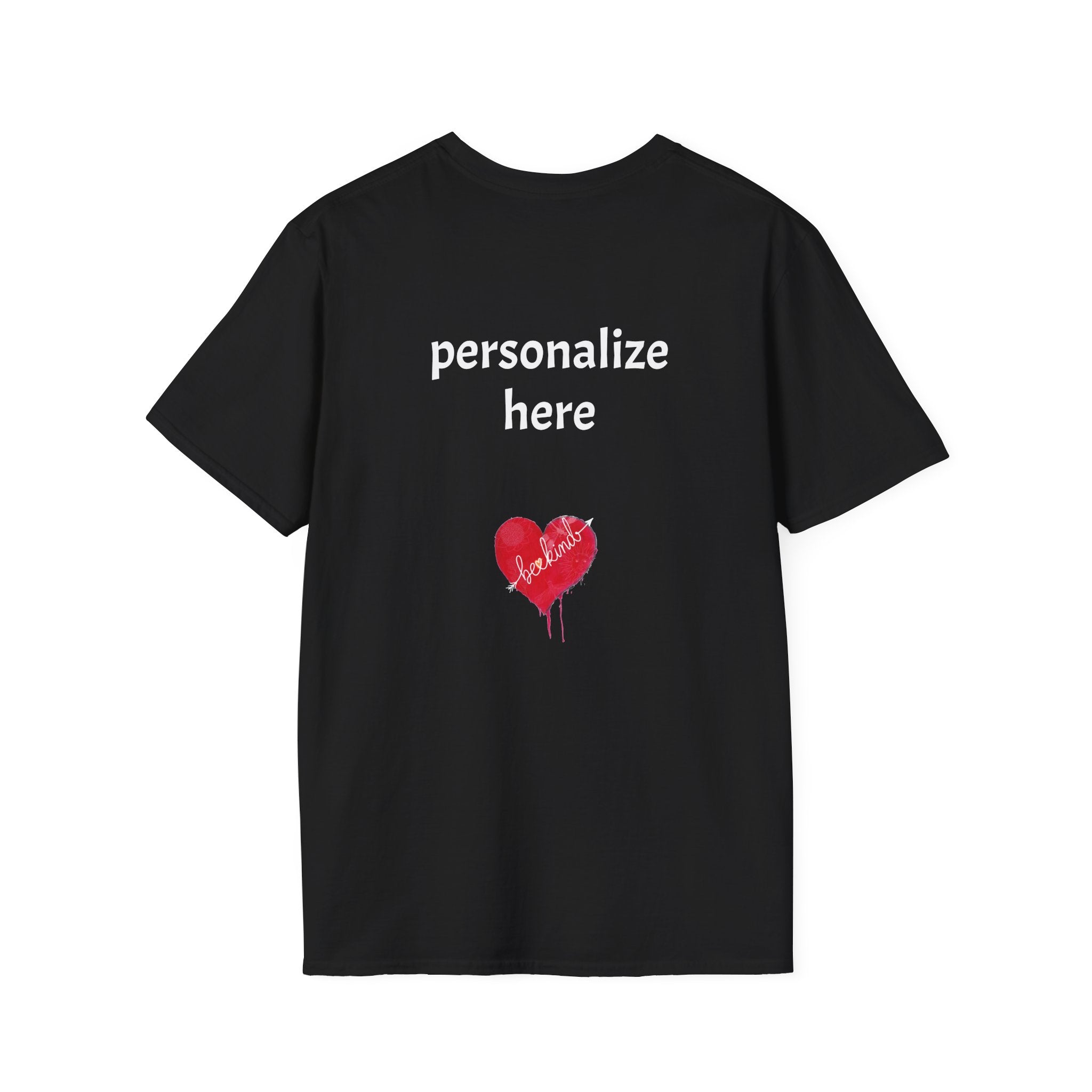 Black t-shirt with a red heart and text on a white background