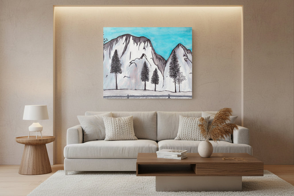 Canvas print of a mountain landscape with trees and birds in a living room
