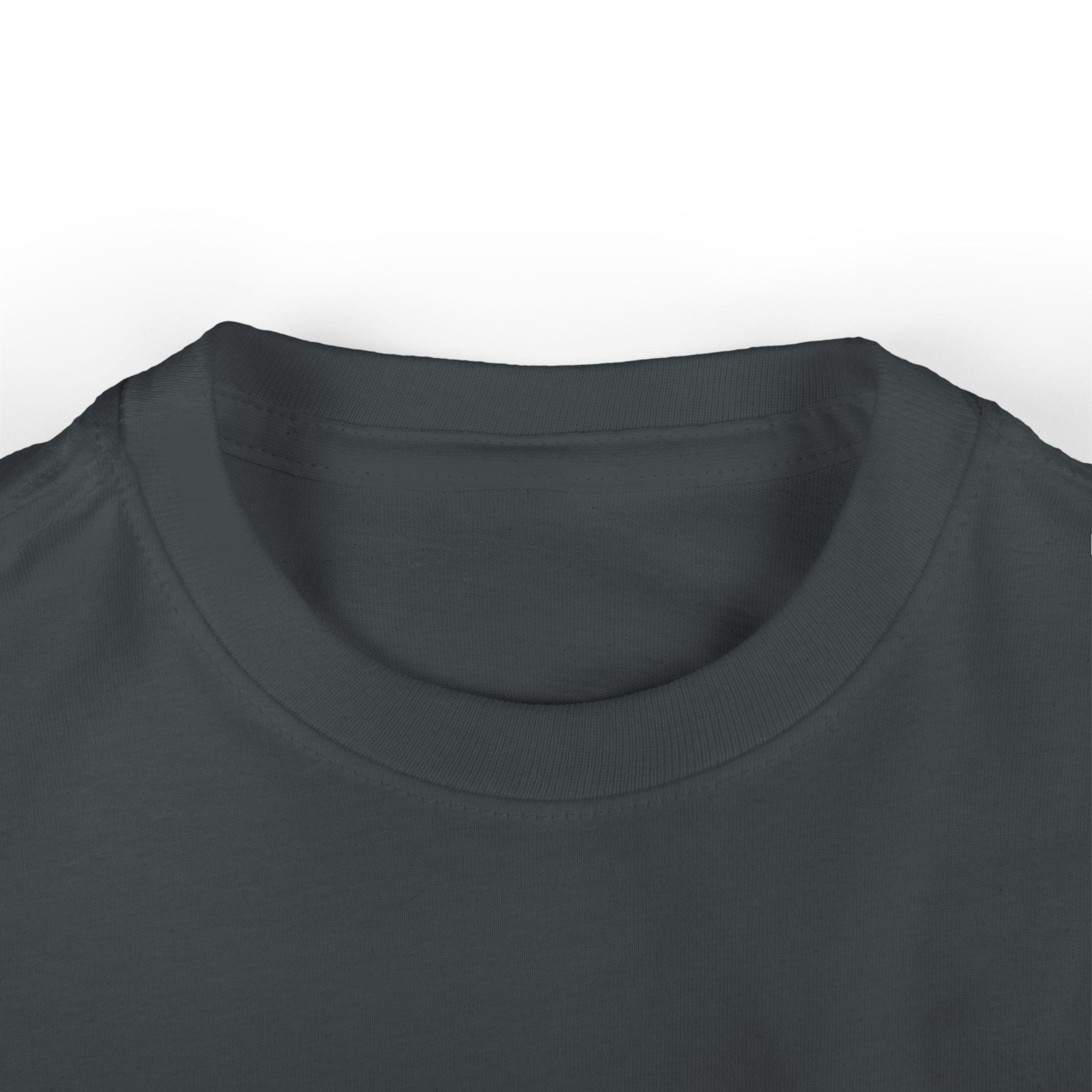 Close-up of a dark gray t-shirt collar on a white background