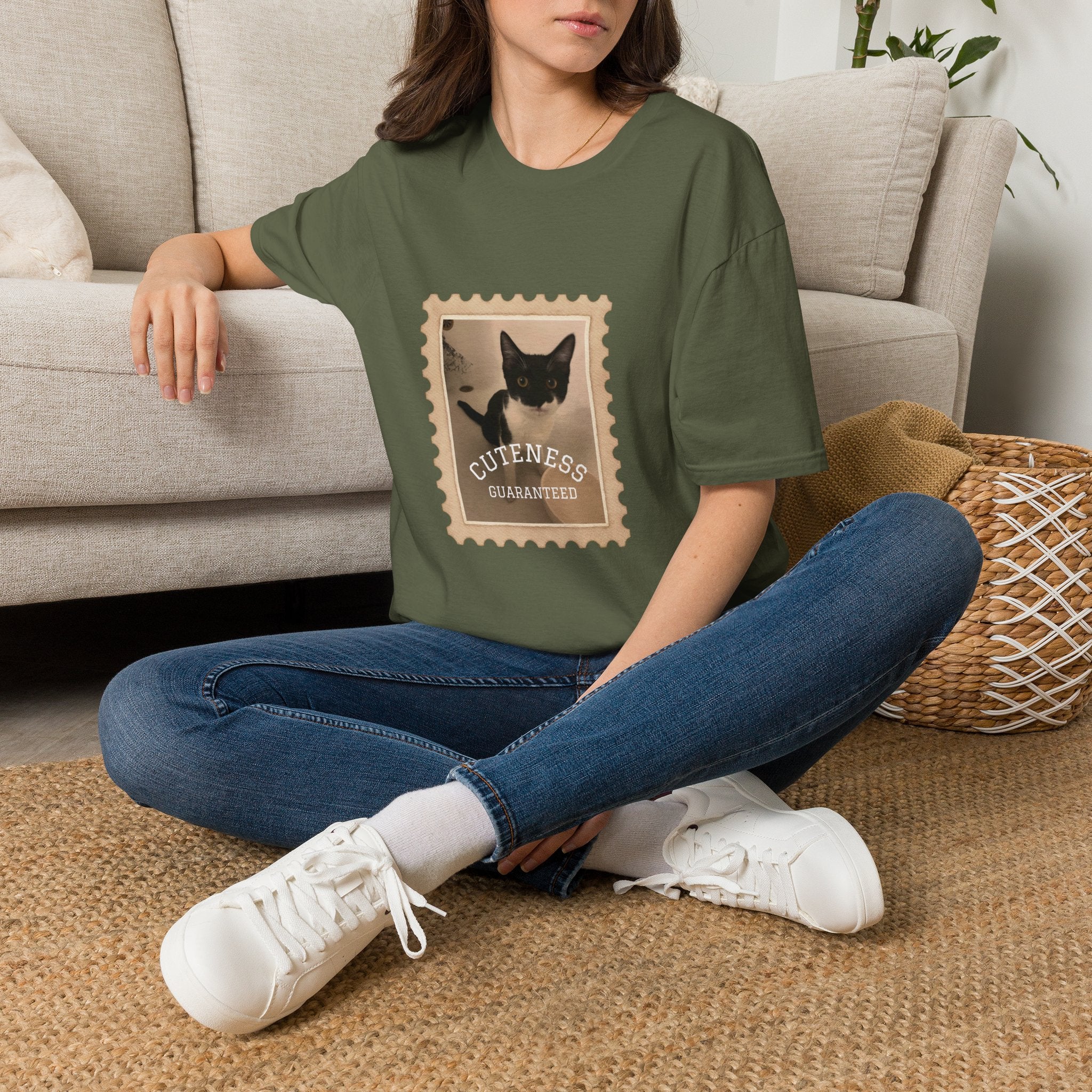 Cat Stamp T-Shirt – 'Cuteness Guaranteed' Vintage Photo Tee