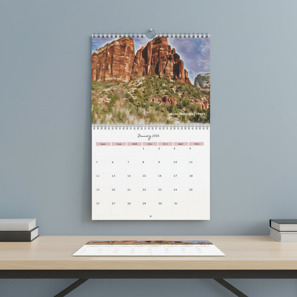 Calendar with Zion National Park landscape on a blue wall by an office desk