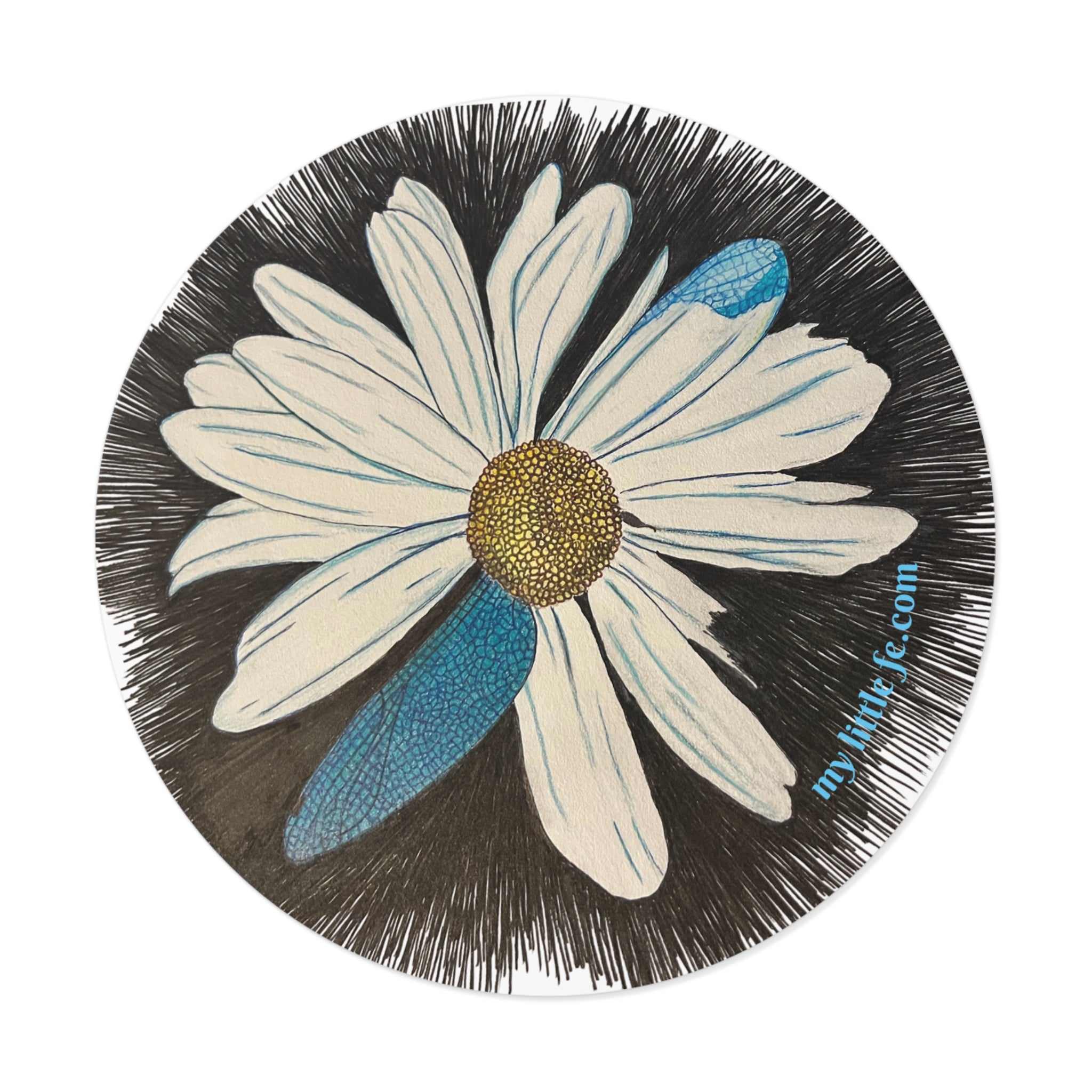 Round sticker with a daisy with dragonfly petals design on a black background