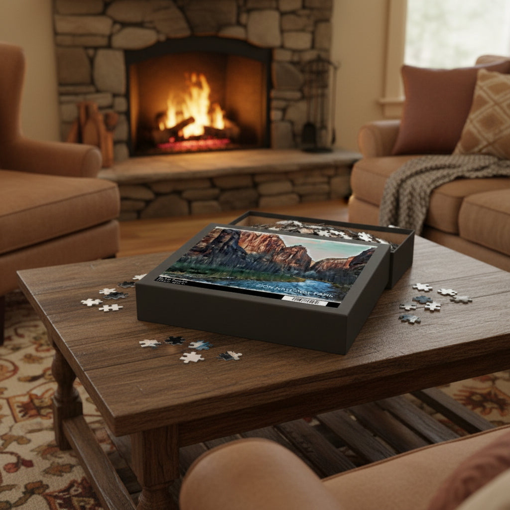 Jigsaw puzzle box of Zion National Park on the cover against a living room with a fireplace.