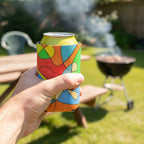 Abstract Can Cozy held by man's had at a barbecue