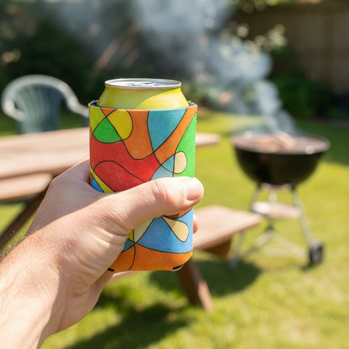 Abstract Can Cozy held by man's had at a barbecue
