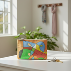 Abstract design Clutch bag on a table by a window with a set of keys next to it.