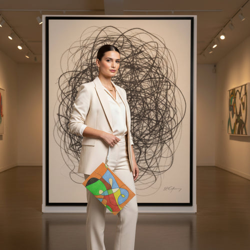 Clutch bag with a colorful abstract design held by a woman in front of a piece of artwork in a gallery