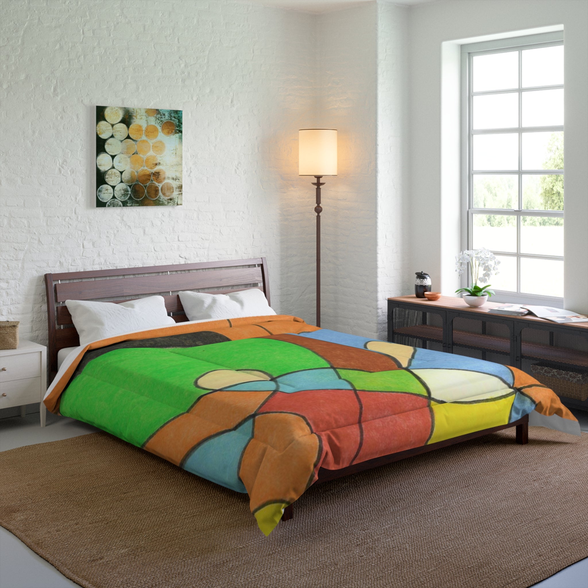 Abstract Colorful geometric patterned comforter on a bed in a well-lit bedroom.