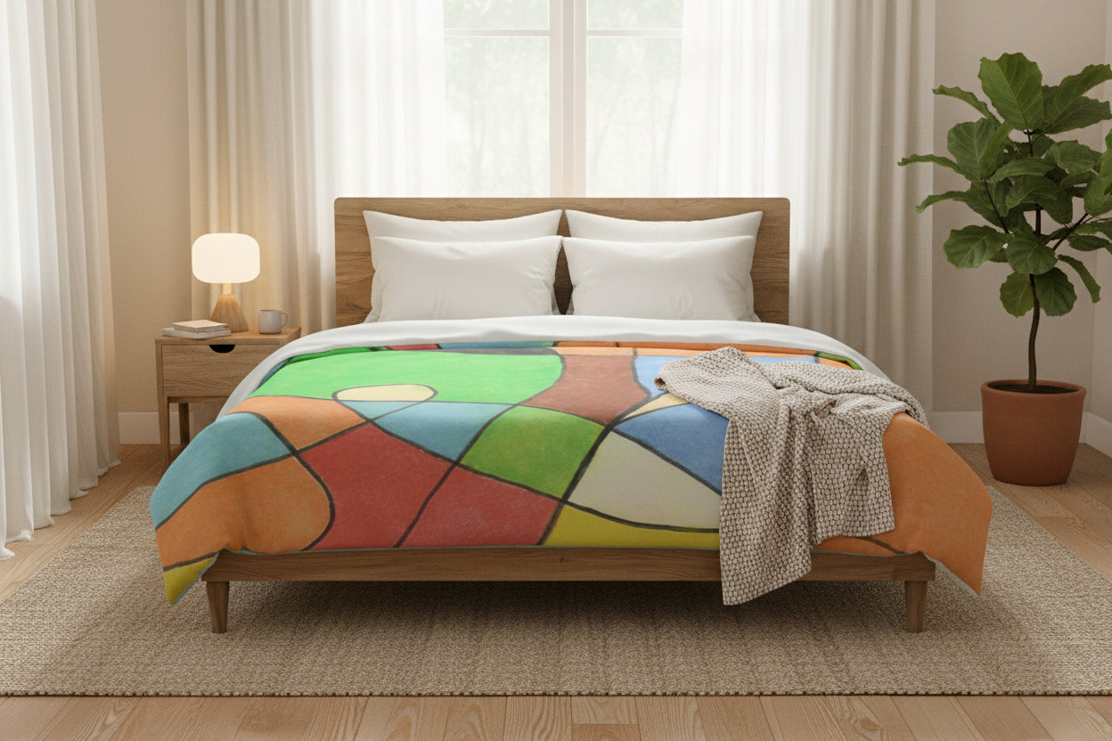 Colorful abstract patterned fabric in a light wood bedroom