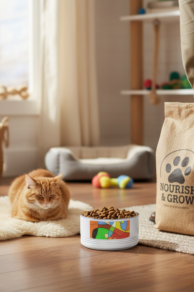 Cat lying on a rug next to a bowl of food and a bag of 'Nourish & Grow' cat food in a home setting.