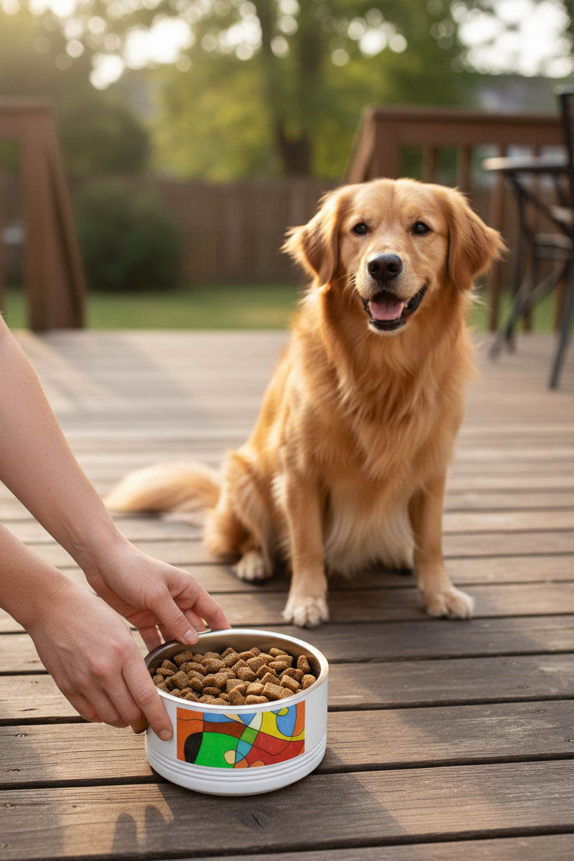 pet food bowl with colorful abstract designed by Marife Rosales with a pet owner service a dog food on a deck