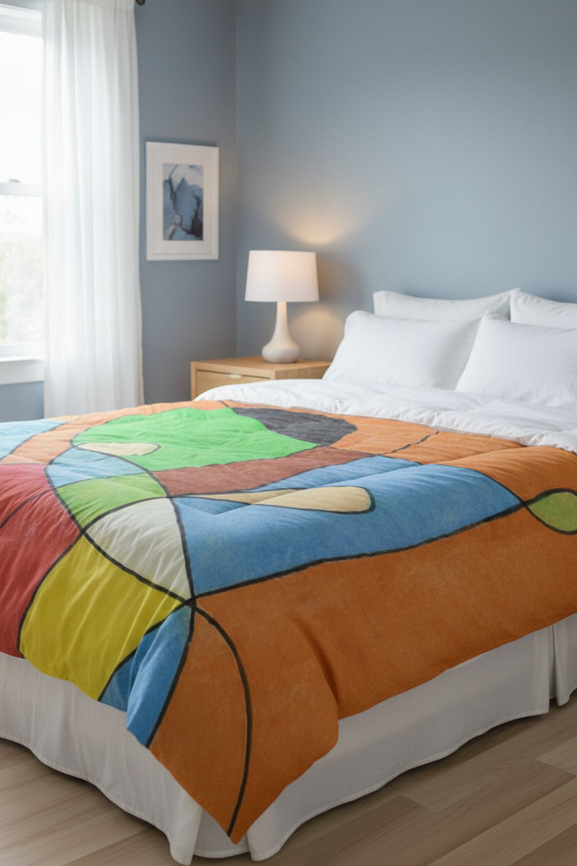 Comforter with Abstract color block design in a cool toned bedroom