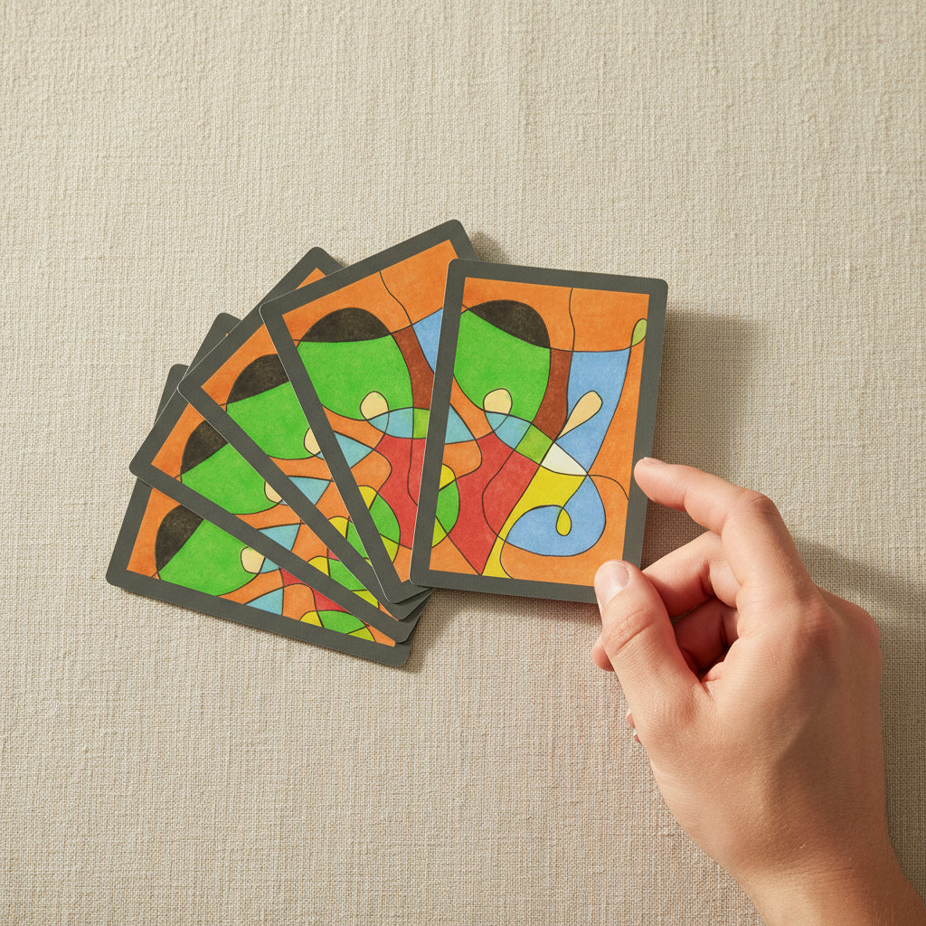Hand fanning abstract pastel art playing cards against a neutral linen background -- colorful original art poker deck by MyLittleFe.