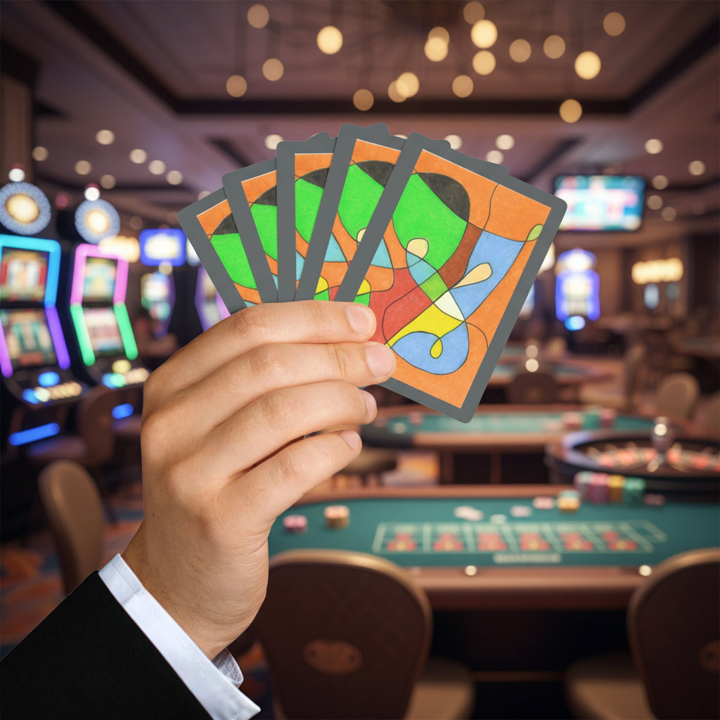 Hand holding fanned abstract pastel art playing cards in a casino -- colorful original art poker deck by MyLittleFe.