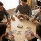 Friends laughing and playing cards around a round table in a cozy living room -- abstract pastel art poker deck by MyLittleFe.