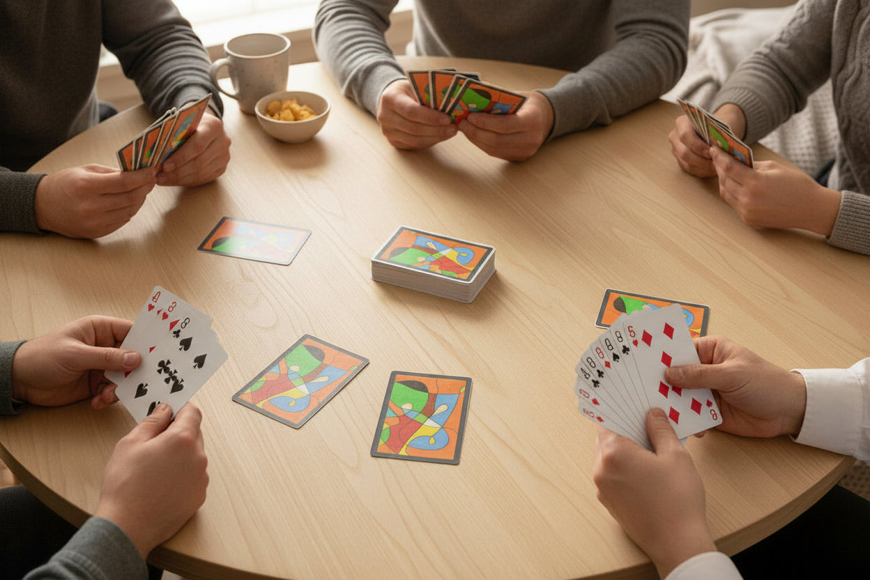 Group of people playing cards around a round table with abstract pastel art playing cards -- original art poker deck by MyLittleFe.