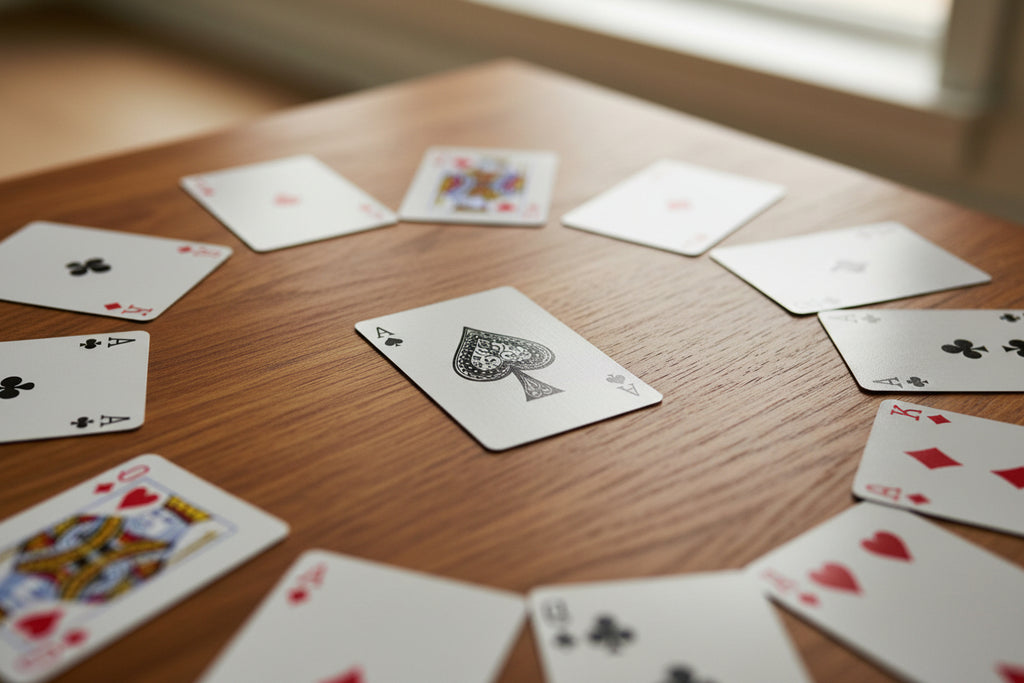 Abstract pastel art playing cards spread in a circle on a wood table with Ace of Spades at center -- MyLittleFe.
