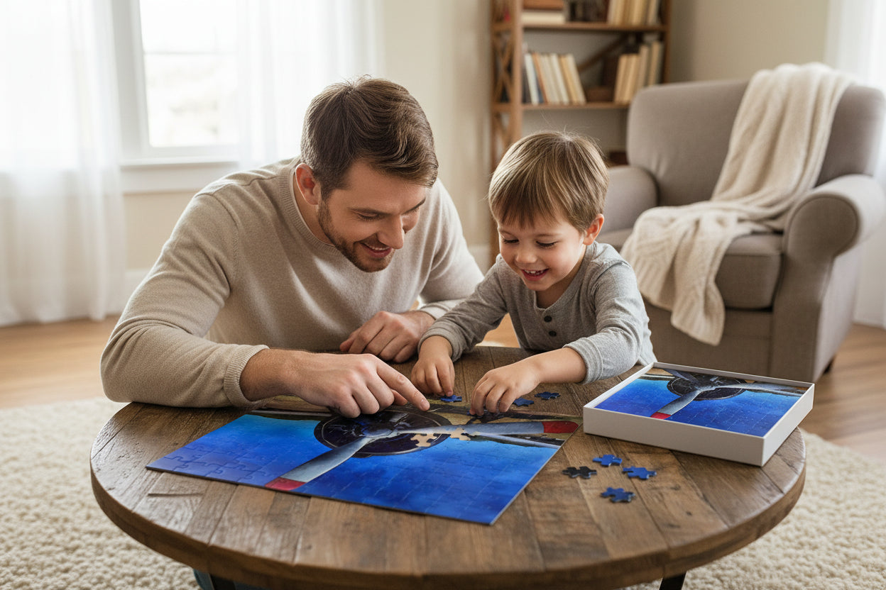 Dad and young son doing jigsaw puzzle with an airplane propeller design on a blue sky background